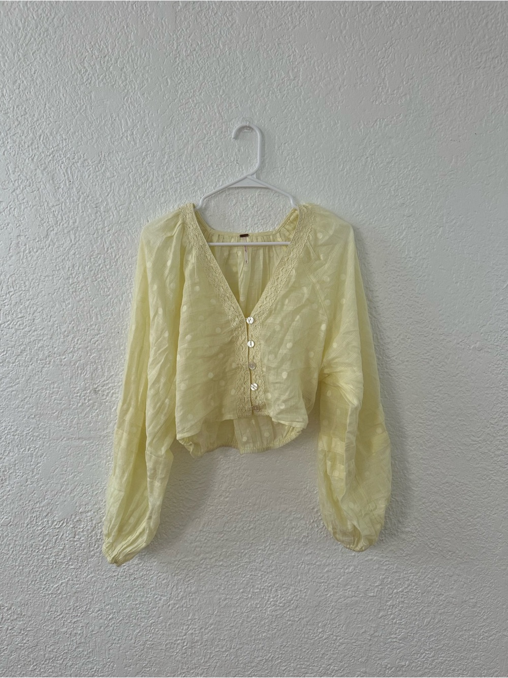 Free People Sheer Pale Yellow V-Neck Button-Front Blouse